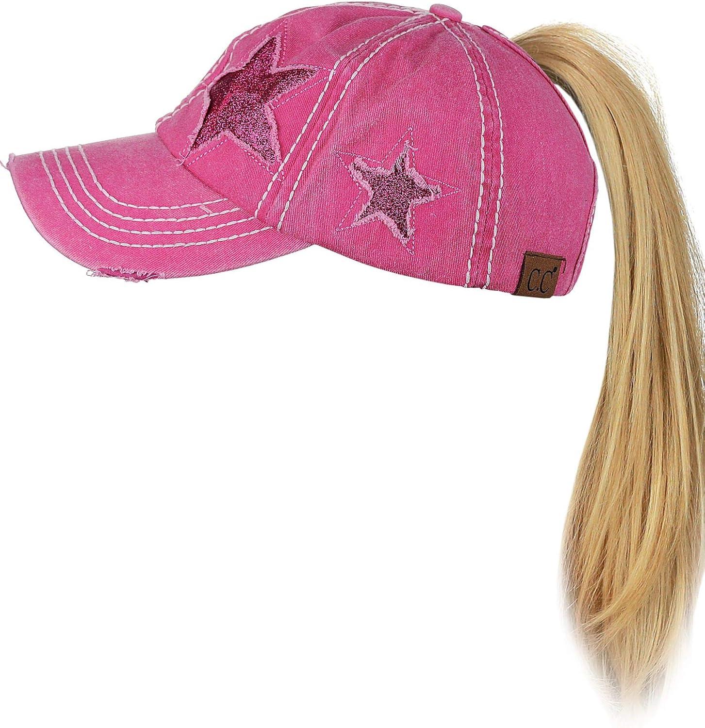 imageCC Ponycap Messy High Bun Ponytail Adjustable Glitter Star Distressed Baseball Cap HatHot Pink