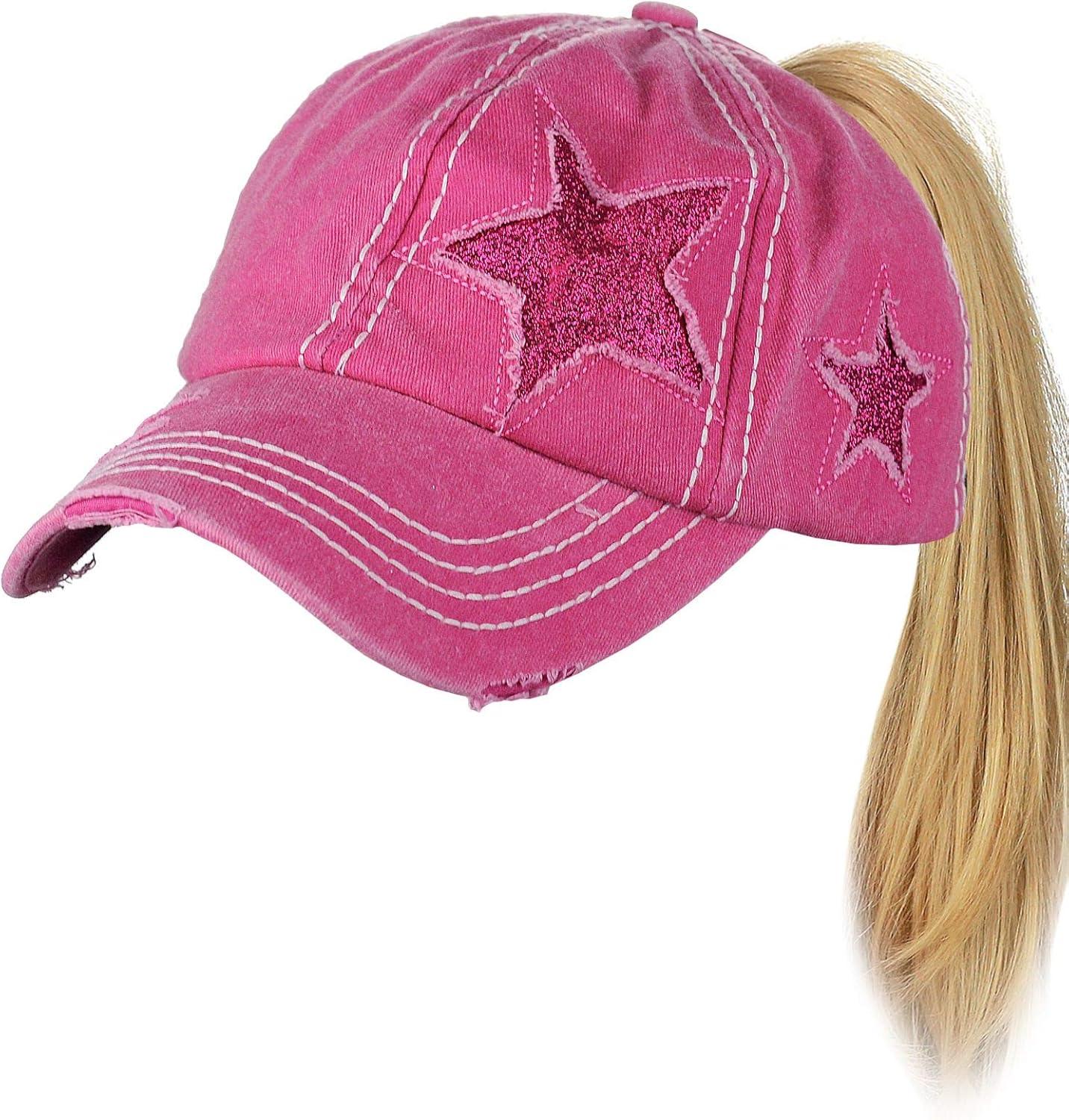 imageCC Ponycap Messy High Bun Ponytail Adjustable Glitter Star Distressed Baseball Cap HatHot Pink