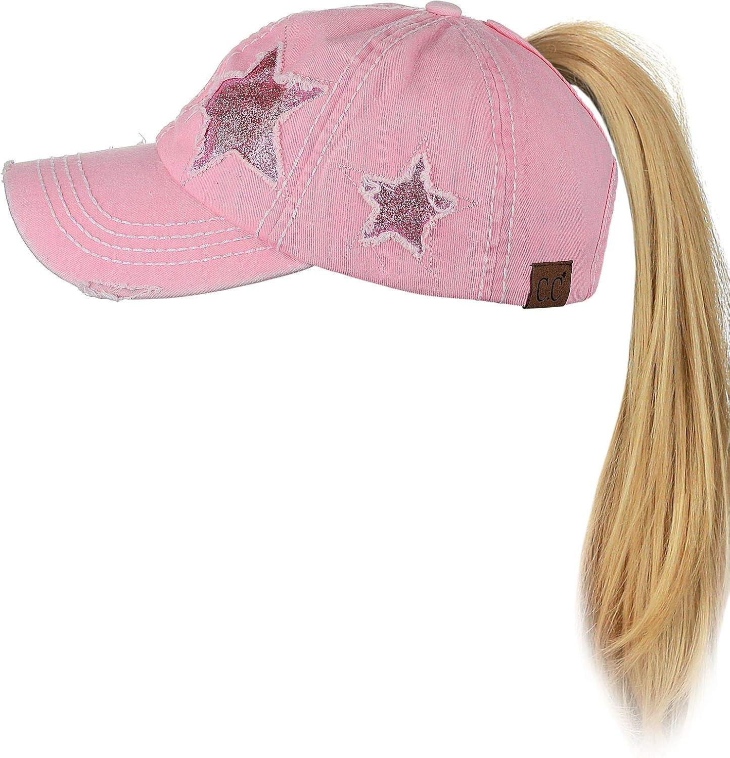imageCC Ponycap Messy High Bun Ponytail Adjustable Glitter Star Distressed Baseball Cap HatLight Pink