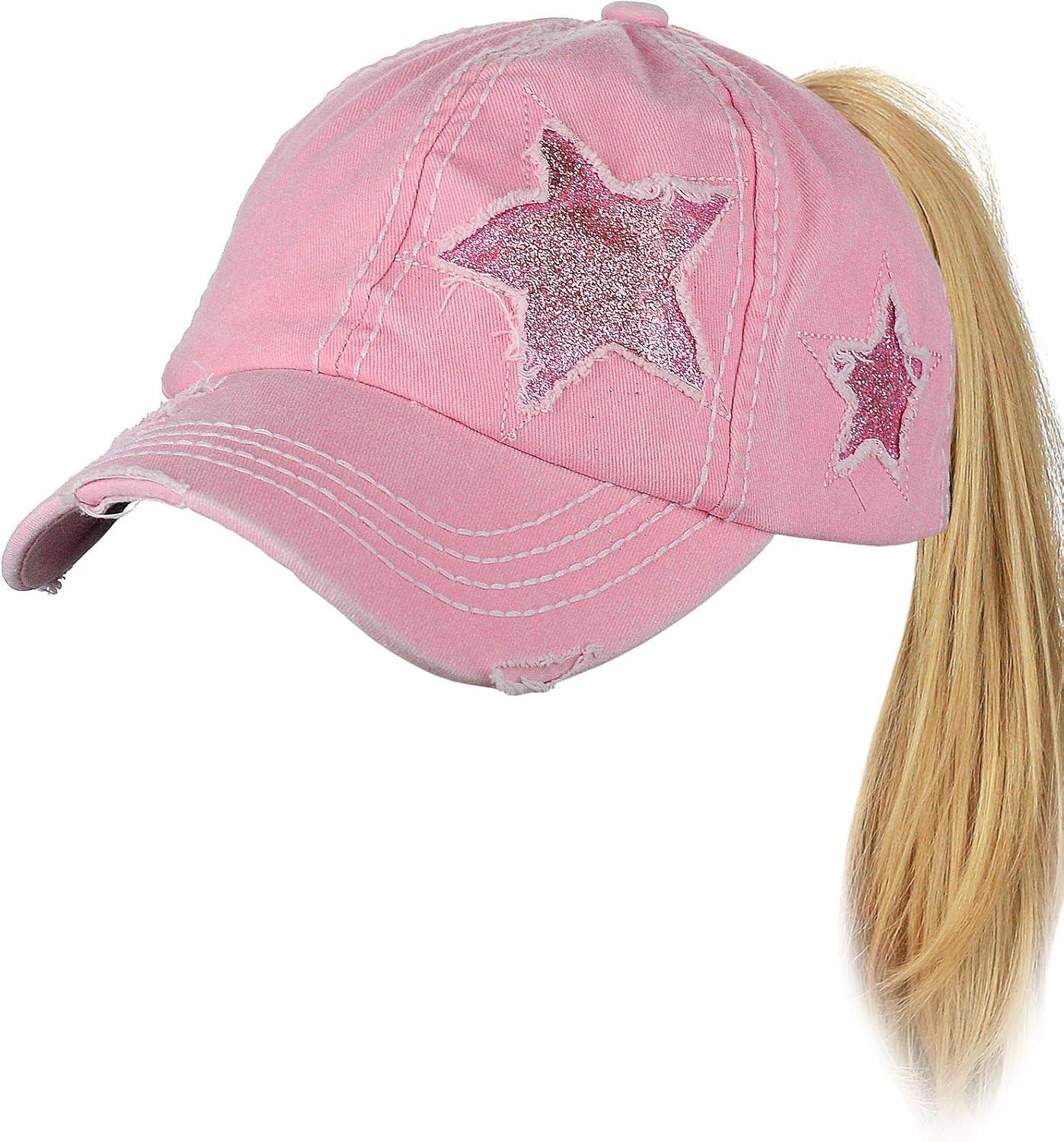 imageCC Ponycap Messy High Bun Ponytail Adjustable Glitter Star Distressed Baseball Cap HatLight Pink