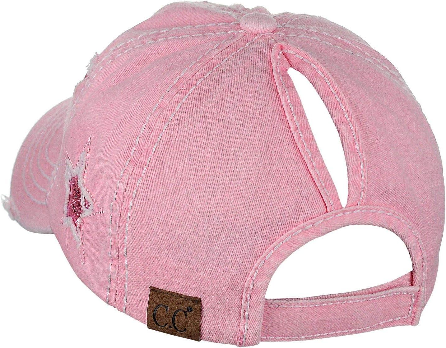 imageCC Ponycap Messy High Bun Ponytail Adjustable Glitter Star Distressed Baseball Cap HatLight Pink