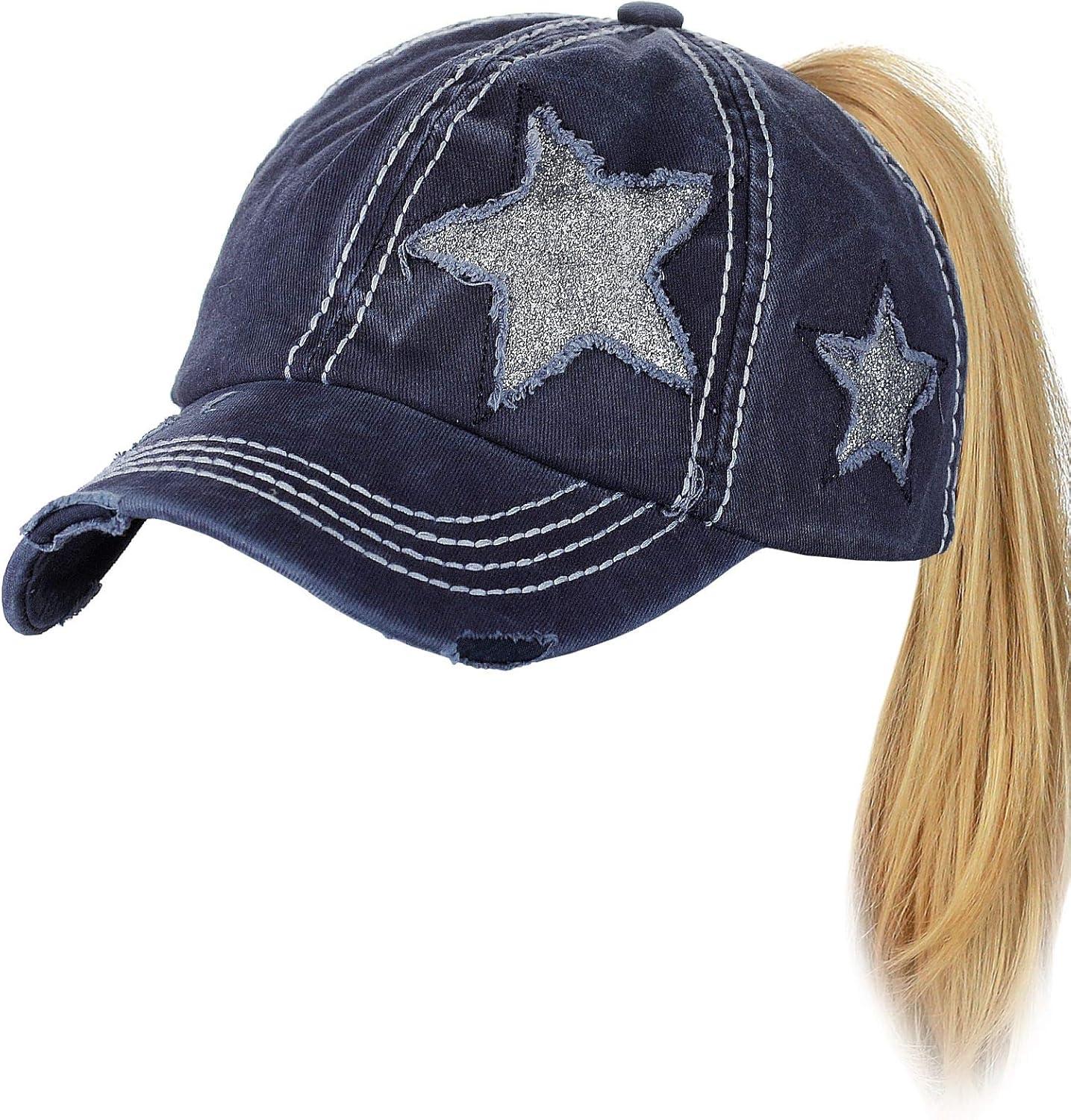 imageCC Ponycap Messy High Bun Ponytail Adjustable Glitter Star Distressed Baseball Cap HatNavy