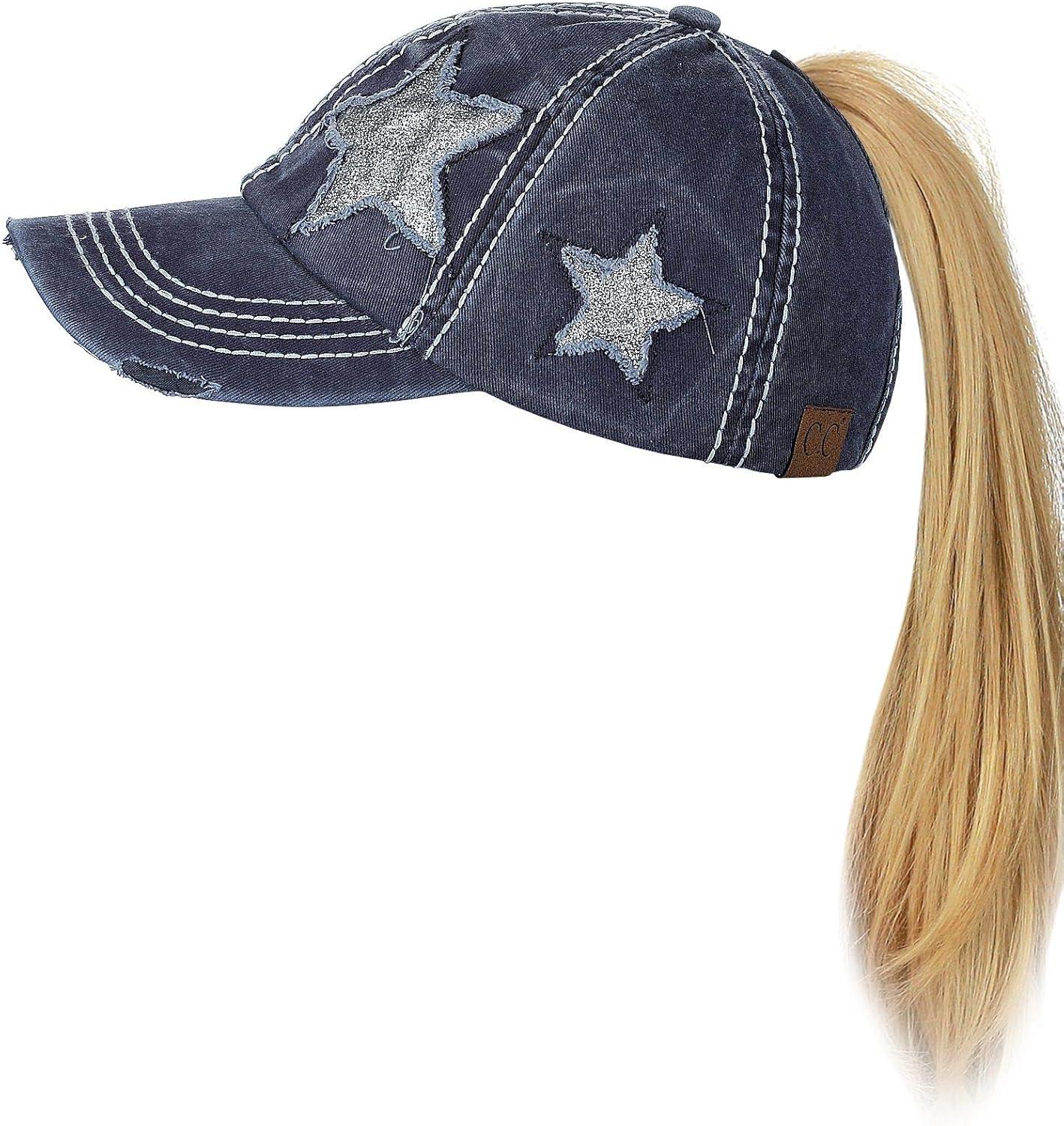imageCC Ponycap Messy High Bun Ponytail Adjustable Glitter Star Distressed Baseball Cap HatNavy