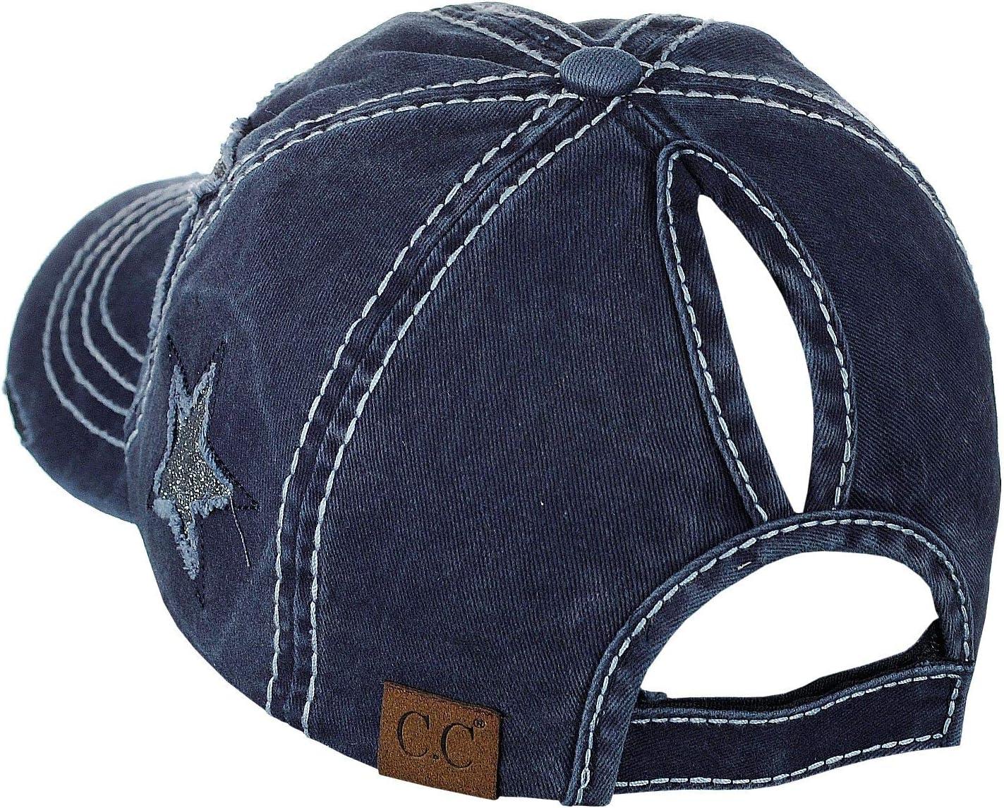 imageCC Ponycap Messy High Bun Ponytail Adjustable Glitter Star Distressed Baseball Cap HatNavy
