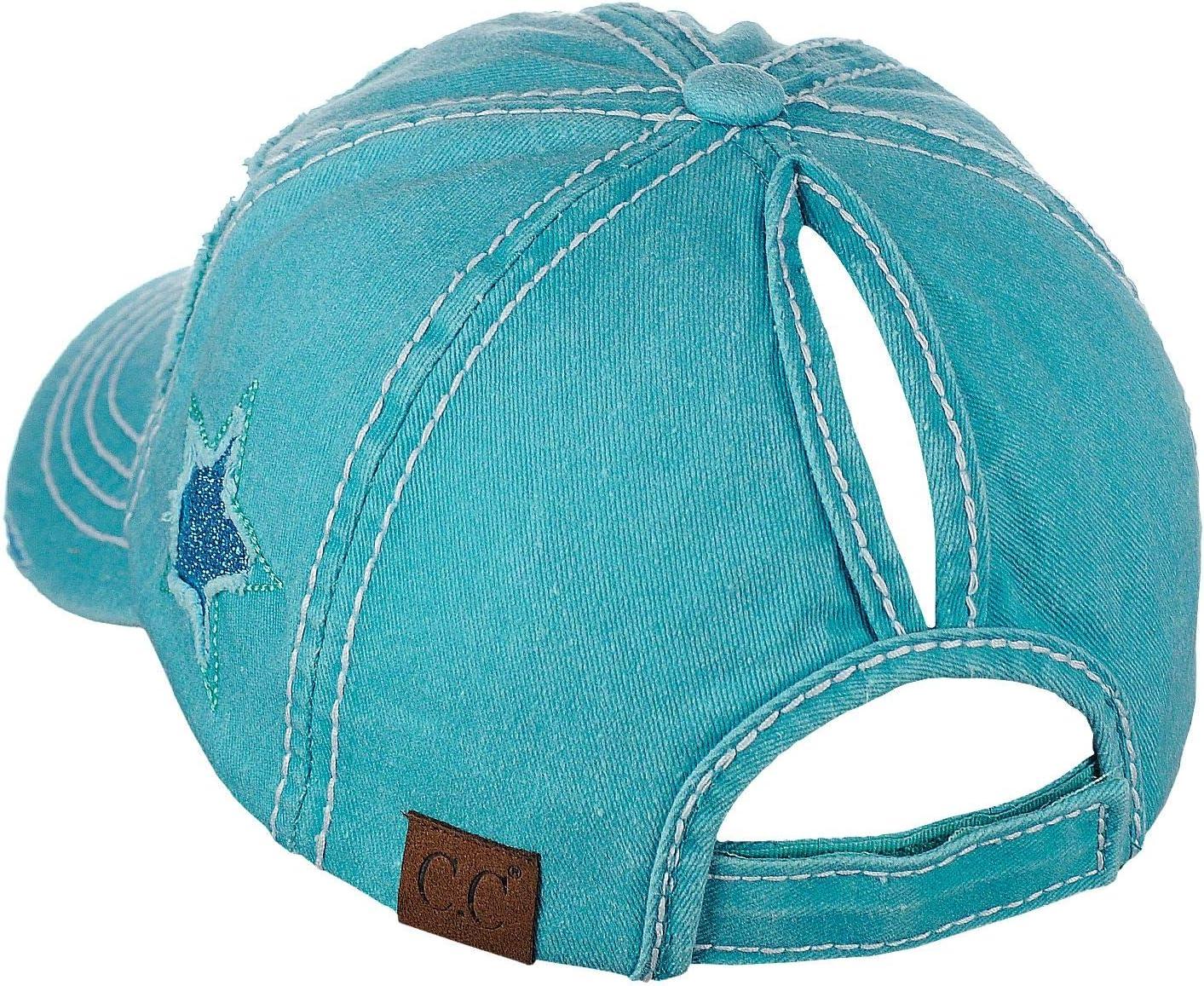 imageCC Ponycap Messy High Bun Ponytail Adjustable Glitter Star Distressed Baseball Cap HatTurquoise