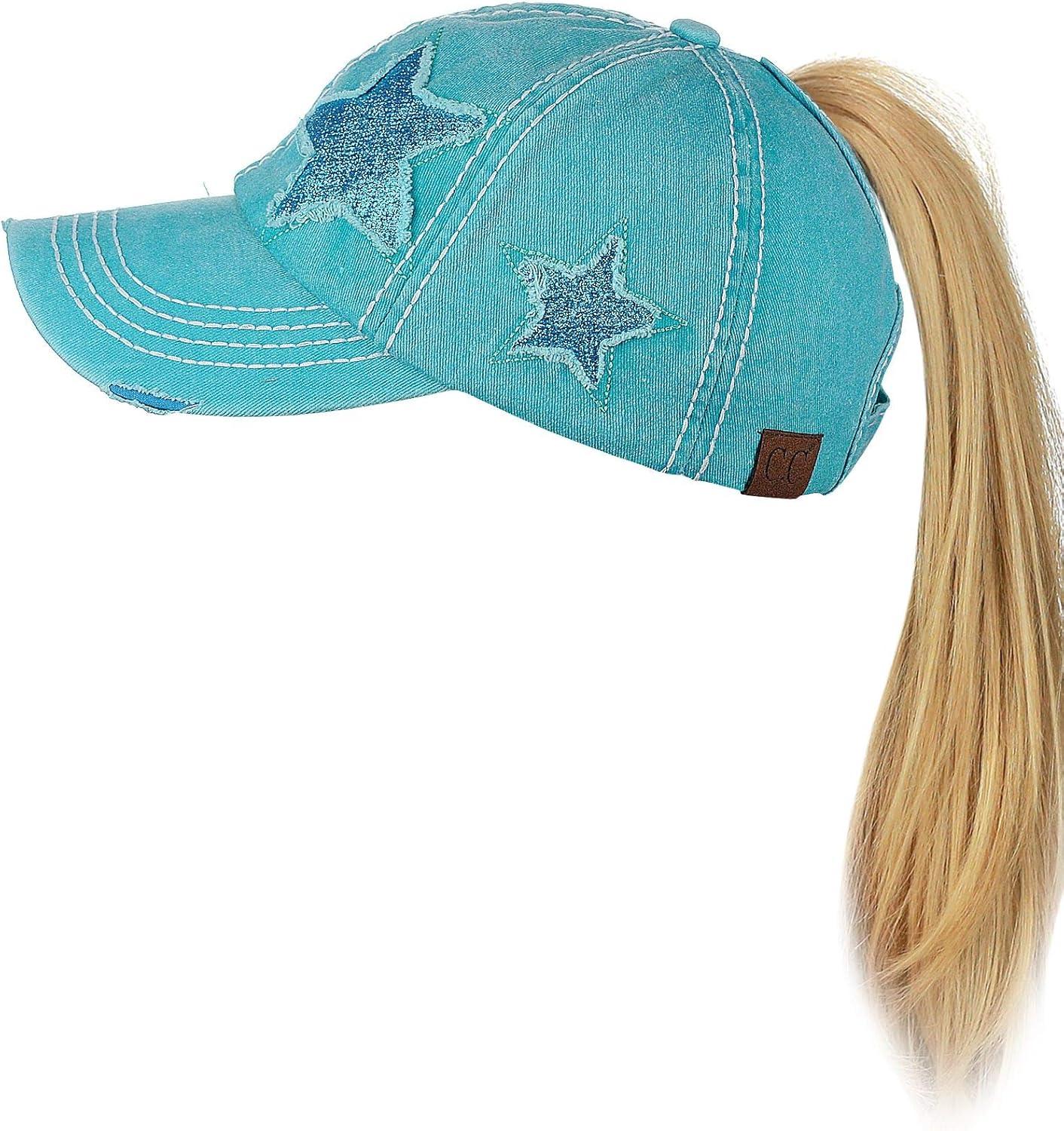 imageCC Ponycap Messy High Bun Ponytail Adjustable Glitter Star Distressed Baseball Cap HatTurquoise