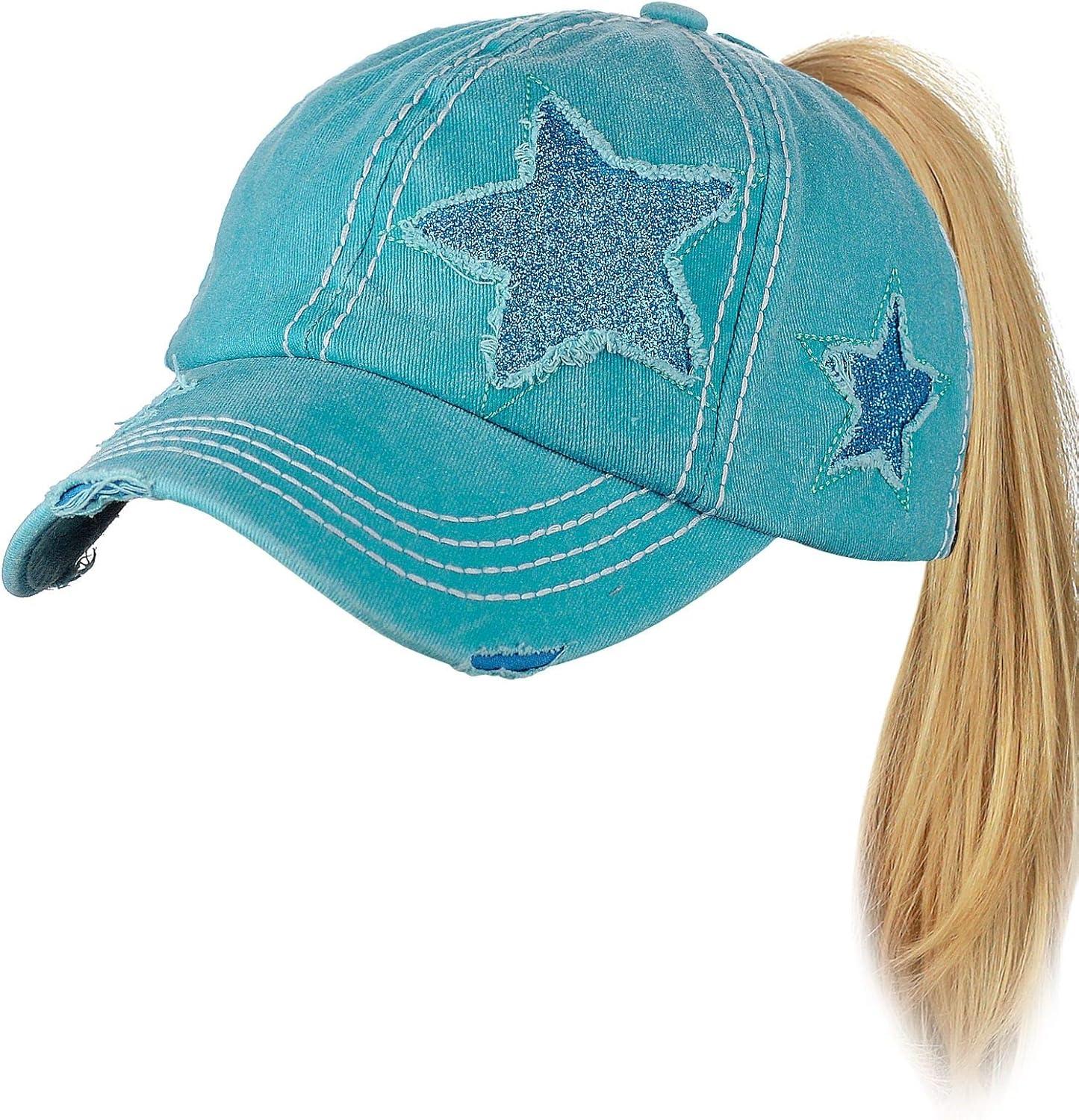 imageCC Ponycap Messy High Bun Ponytail Adjustable Glitter Star Distressed Baseball Cap HatTurquoise