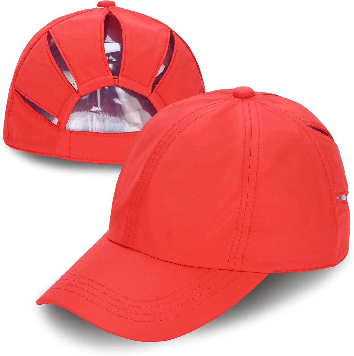 imageCC Ponycap Messy High Bun Ponytail Adjustable Trucker Baseball Cap HatRed