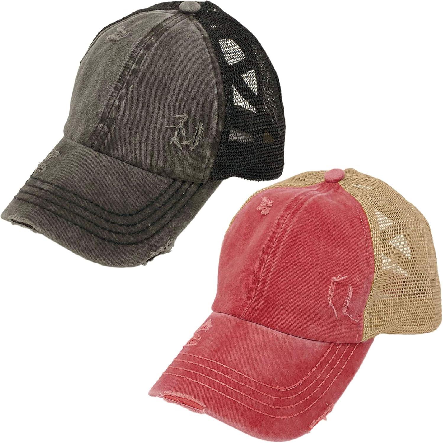 imageCC Ponytail Criss Cross Messy Buns Ponycaps Baseball Cap Dad Trucker Mesh Hat 1 Distressed Black  1 Distressed Berry