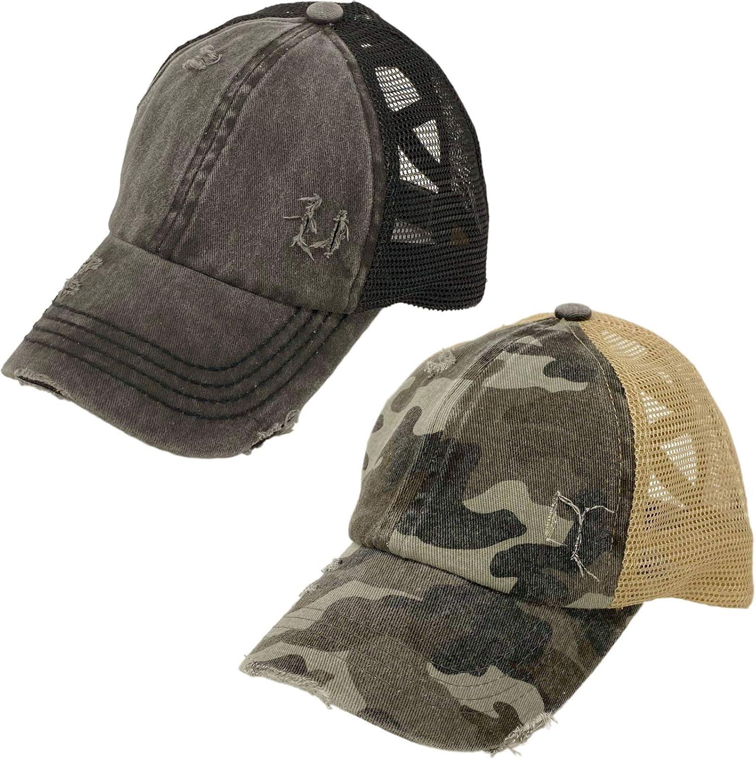 imageCC Ponytail Criss Cross Messy Buns Ponycaps Baseball Cap Dad Trucker Mesh Hat 1 Distressed Black  1 Distressed Camo Gray