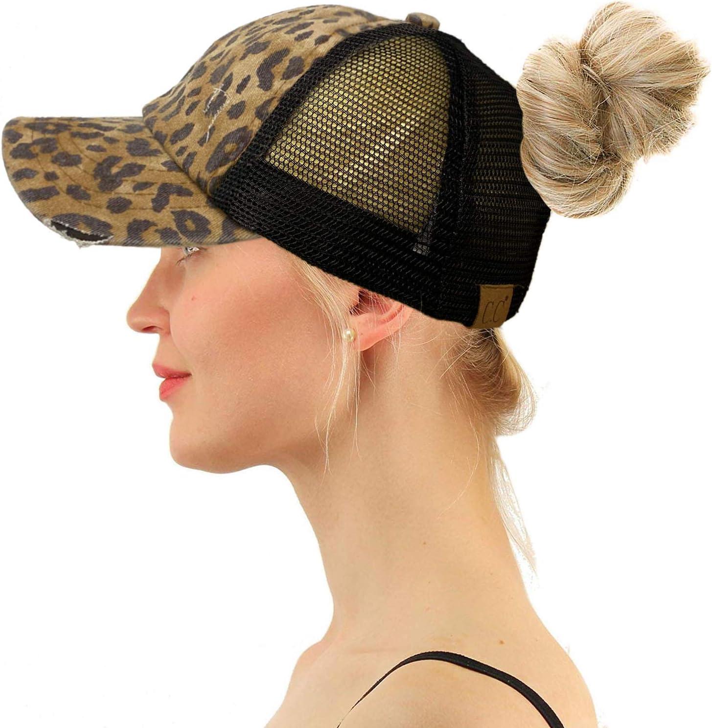 imageCC Ponytail Criss Cross Messy Buns Ponycaps Baseball Cap Dad Trucker Mesh Hat Distressed Baby LeopardBlack