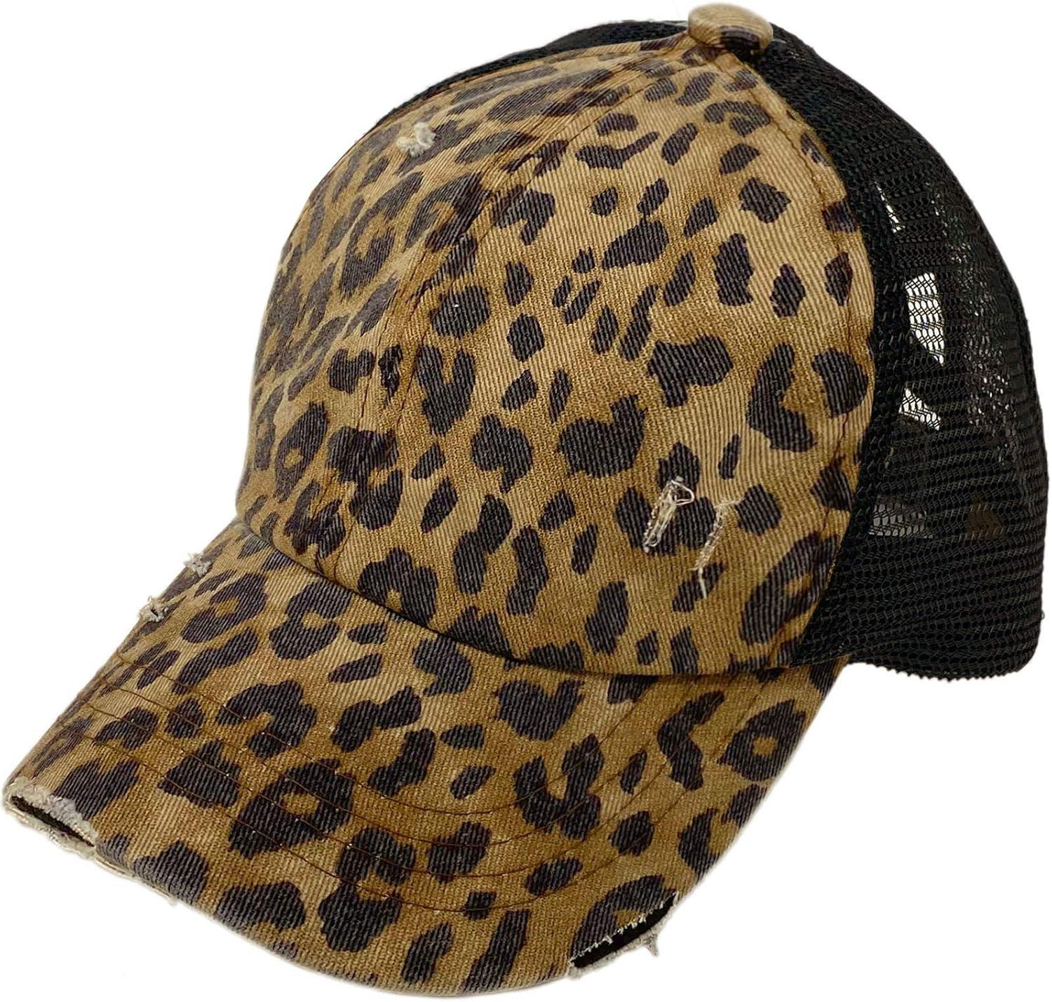 imageCC Ponytail Criss Cross Messy Buns Ponycaps Baseball Cap Dad Trucker Mesh Hat Distressed Baby LeopardBlack