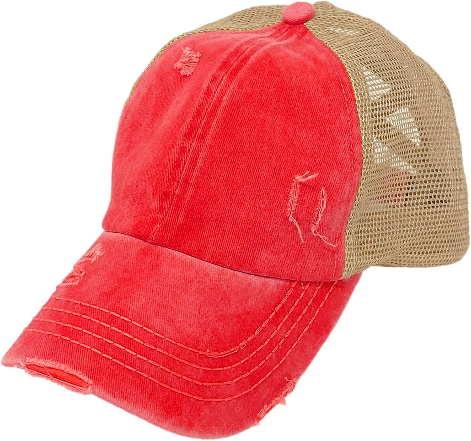 imageCC Ponytail Criss Cross Messy Buns Ponycaps Baseball Cap Dad Trucker Mesh Hat Distressed Red