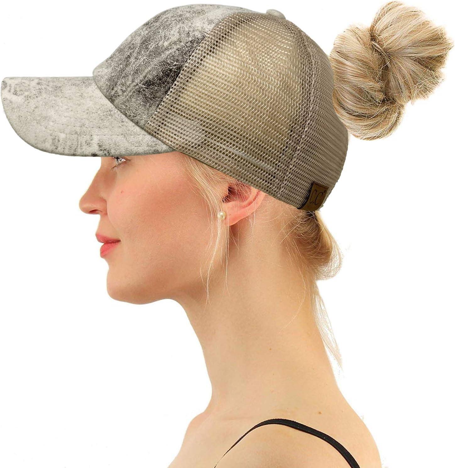 imageCC Ponytail Criss Cross Messy Buns Ponycaps Baseball Cap Dad Trucker Mesh Hat Faux Leather Beige