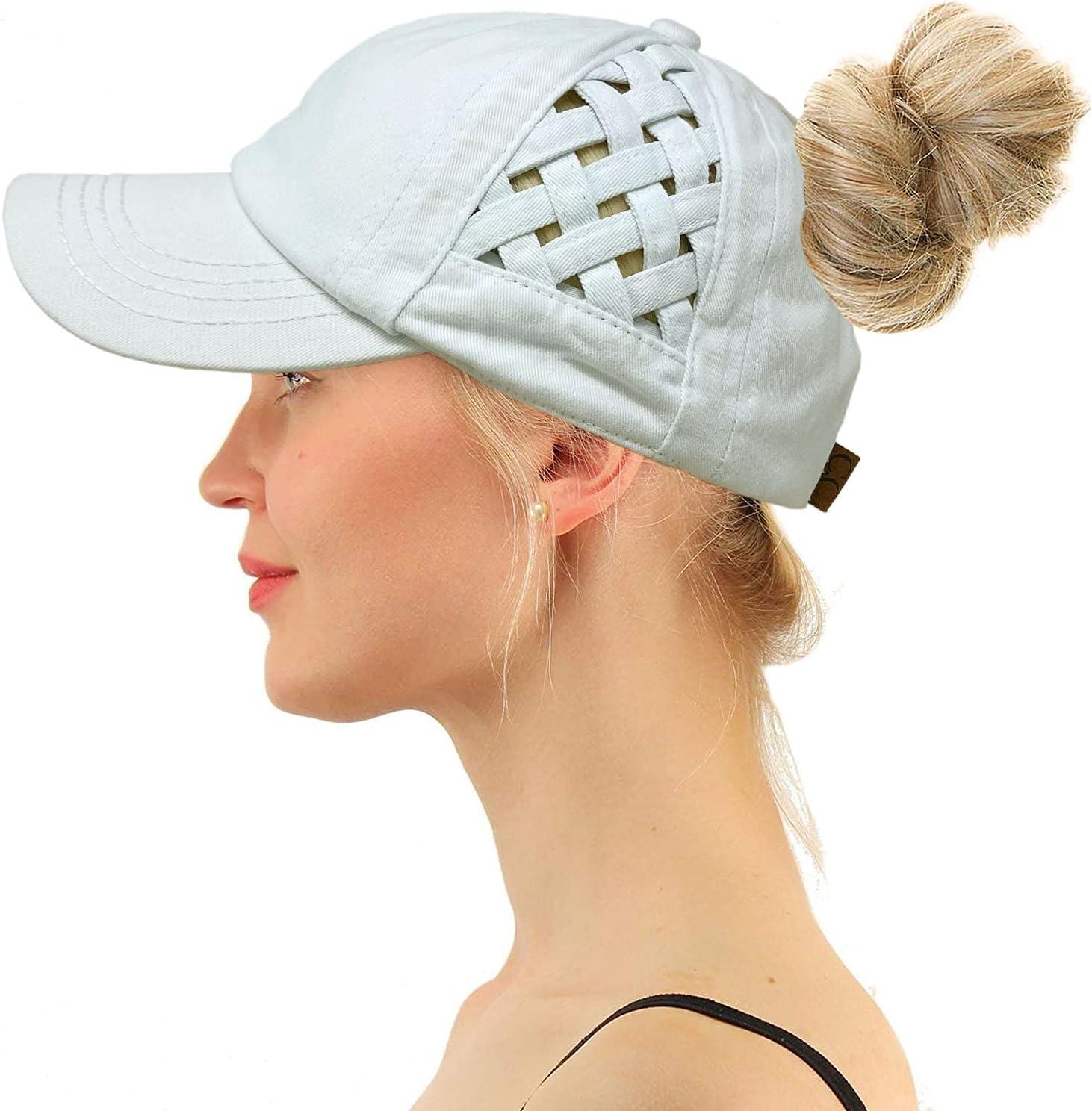 imageCC Ponytail Criss Cross Messy Buns Ponycaps Baseball Cap Dad Trucker Mesh Hat Solid Basket Weave White