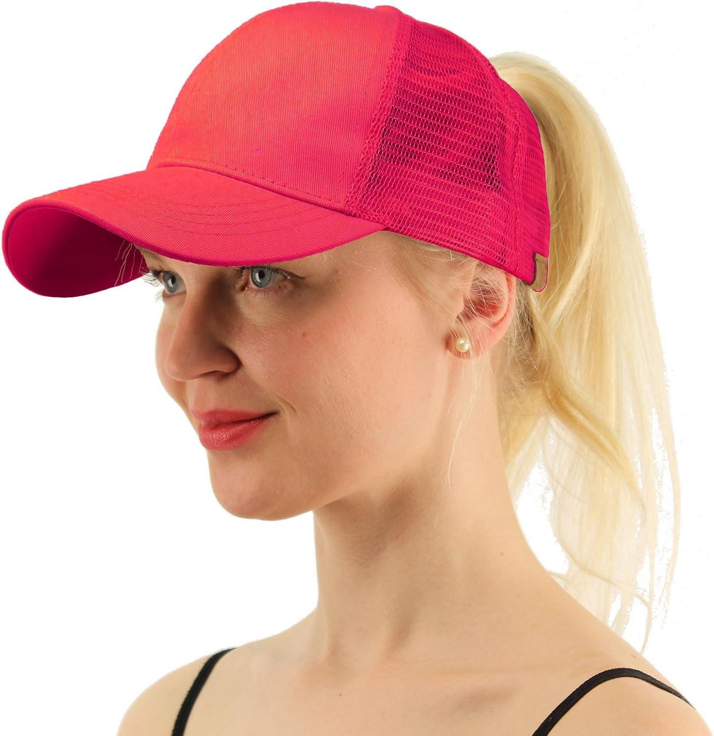 imageCC Ponytail Messy Buns Trucker Ponycaps Plain Baseball Visor Cap Dad Hat Hot Pink