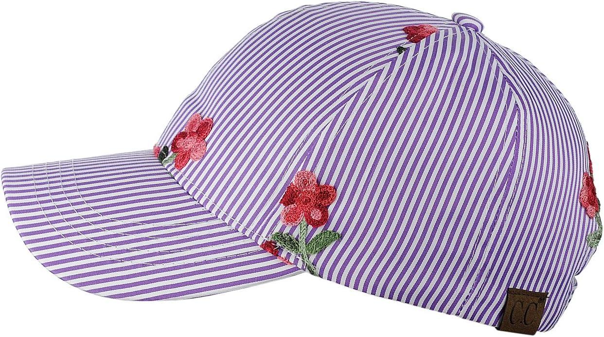 imageCC Poplin Pinstripe Print Embroidered Flower Adjustable Baseball Cap Purple