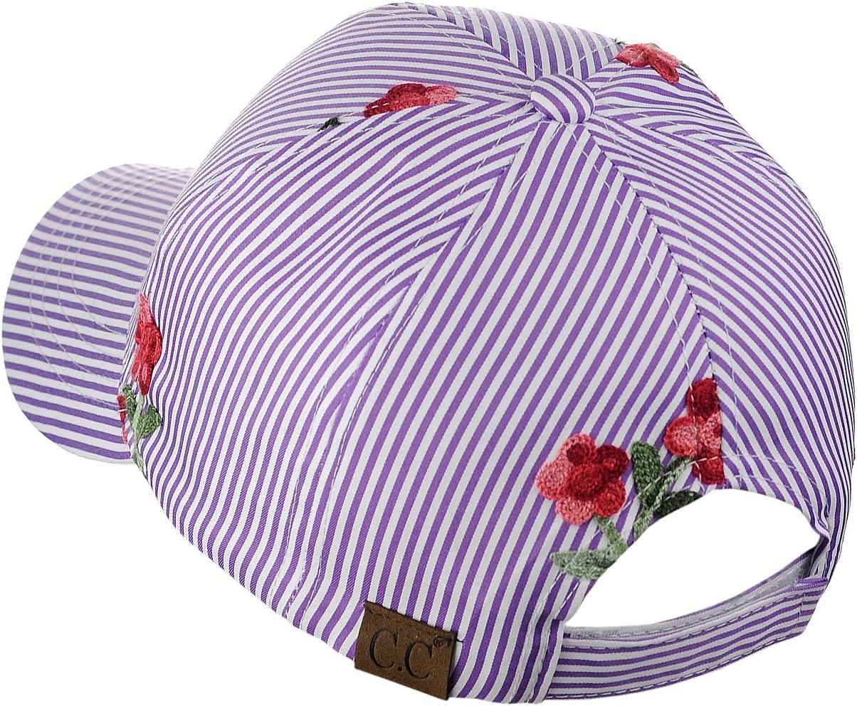 imageCC Poplin Pinstripe Print Embroidered Flower Adjustable Baseball Cap Purple