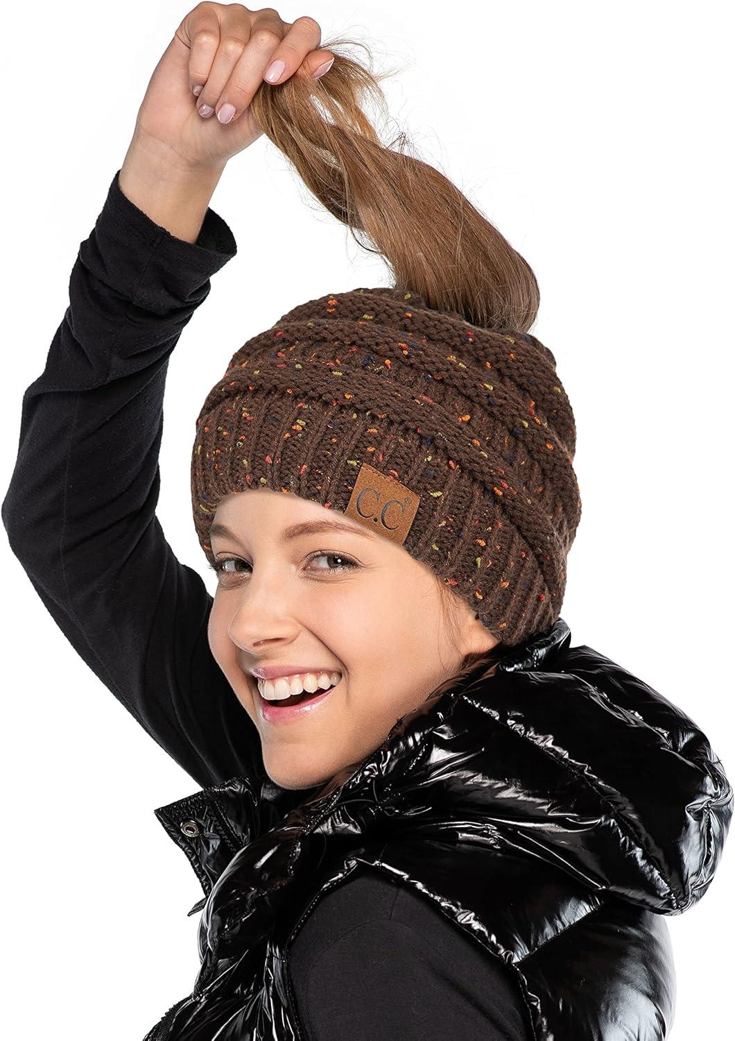 imageCC Ribbed Confetti Knit Beanie Tail Hat for Adult MB33Brown