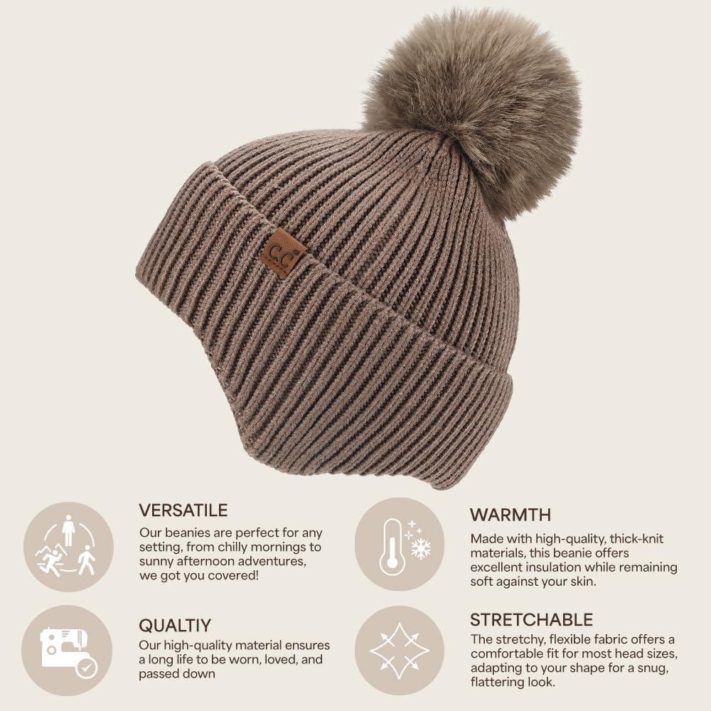 imageCC Sequin Pom Beanie for Women  Acrylic Stretchable Soft Warm Knit Winter Skully Hat with Yarn PomEarflapmocha