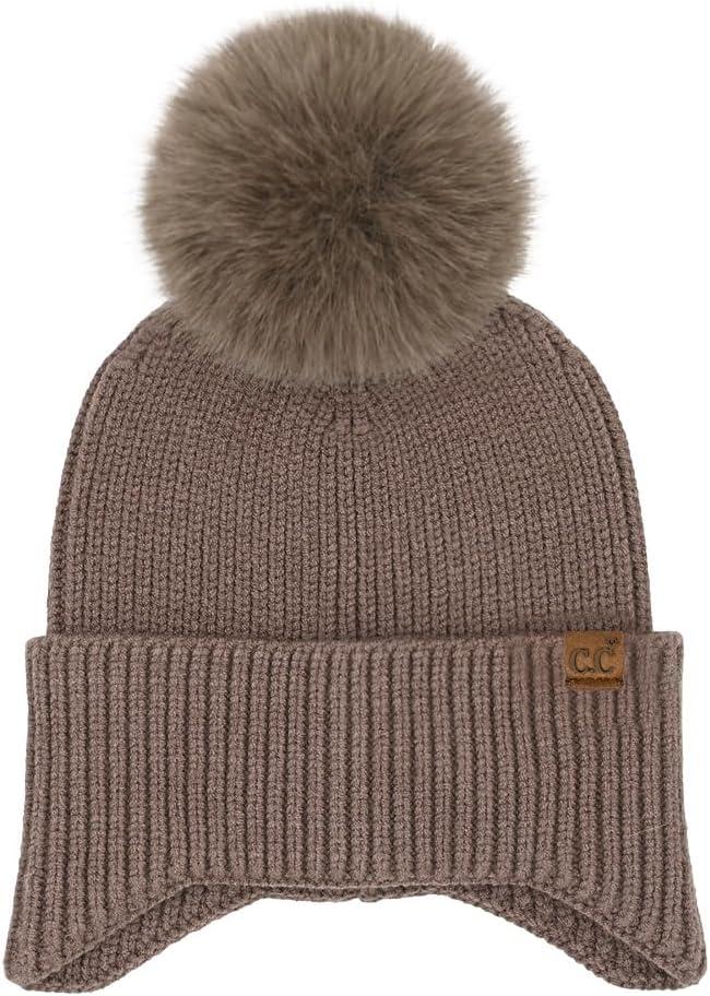 imageCC Sequin Pom Beanie for Women  Acrylic Stretchable Soft Warm Knit Winter Skully Hat with Yarn PomEarflapmocha