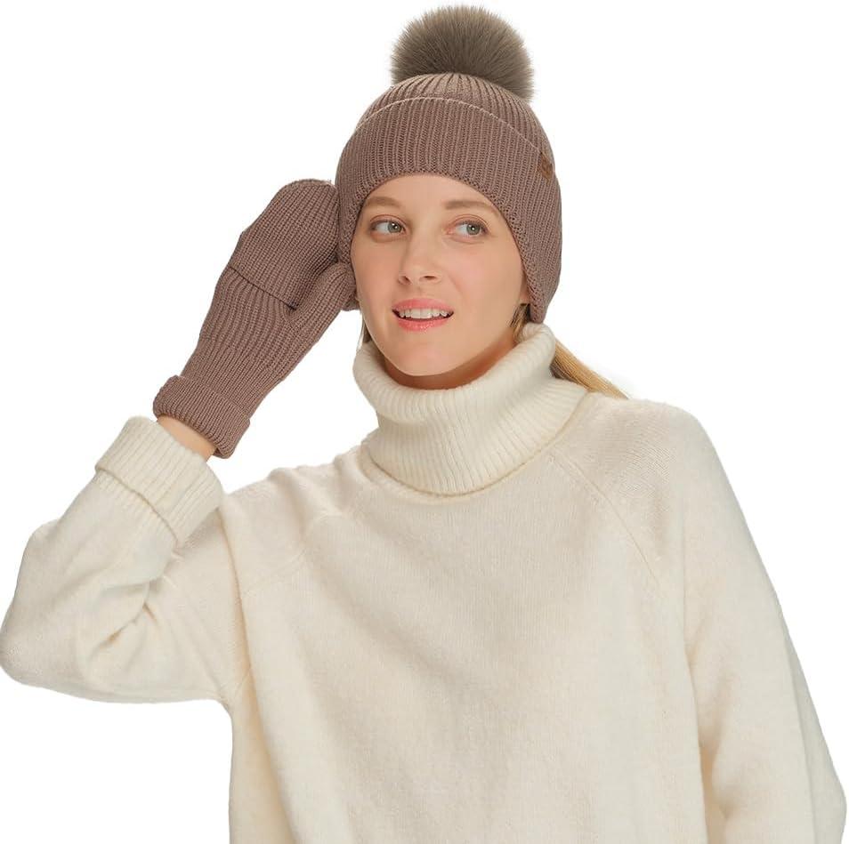 imageCC Sequin Pom Beanie for Women  Acrylic Stretchable Soft Warm Knit Winter Skully Hat with Yarn PomEarflapmocha