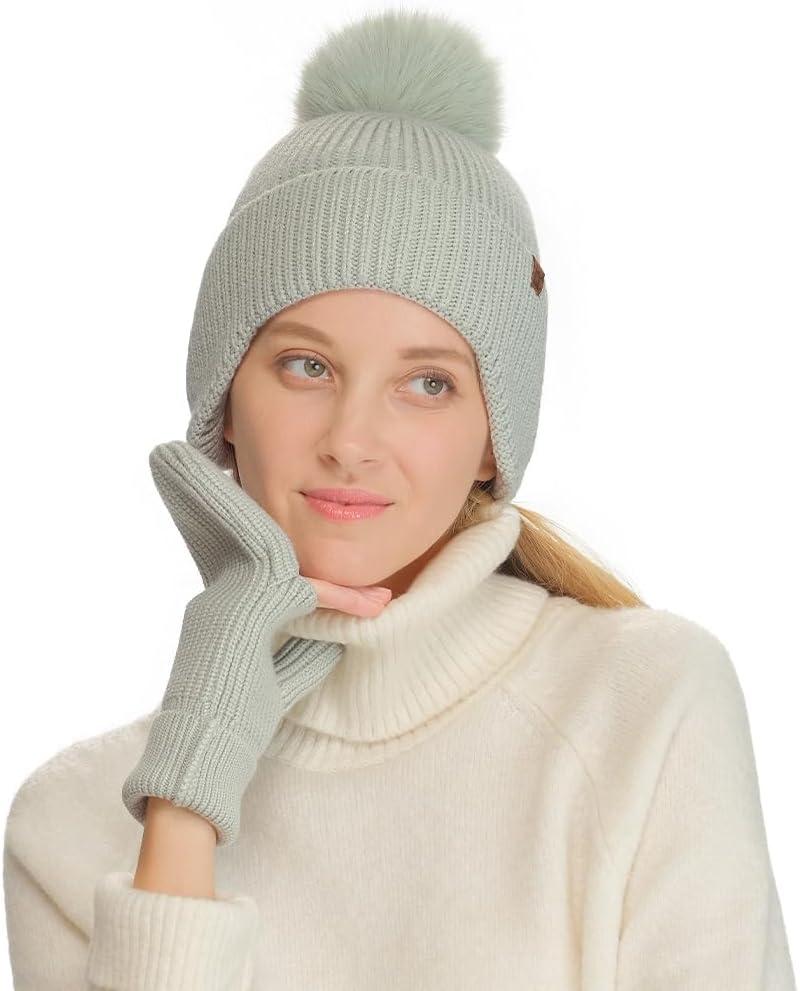 imageCC Sequin Pom Beanie for Women  Acrylic Stretchable Soft Warm Knit Winter Skully Hat with Yarn PomEarflapsage