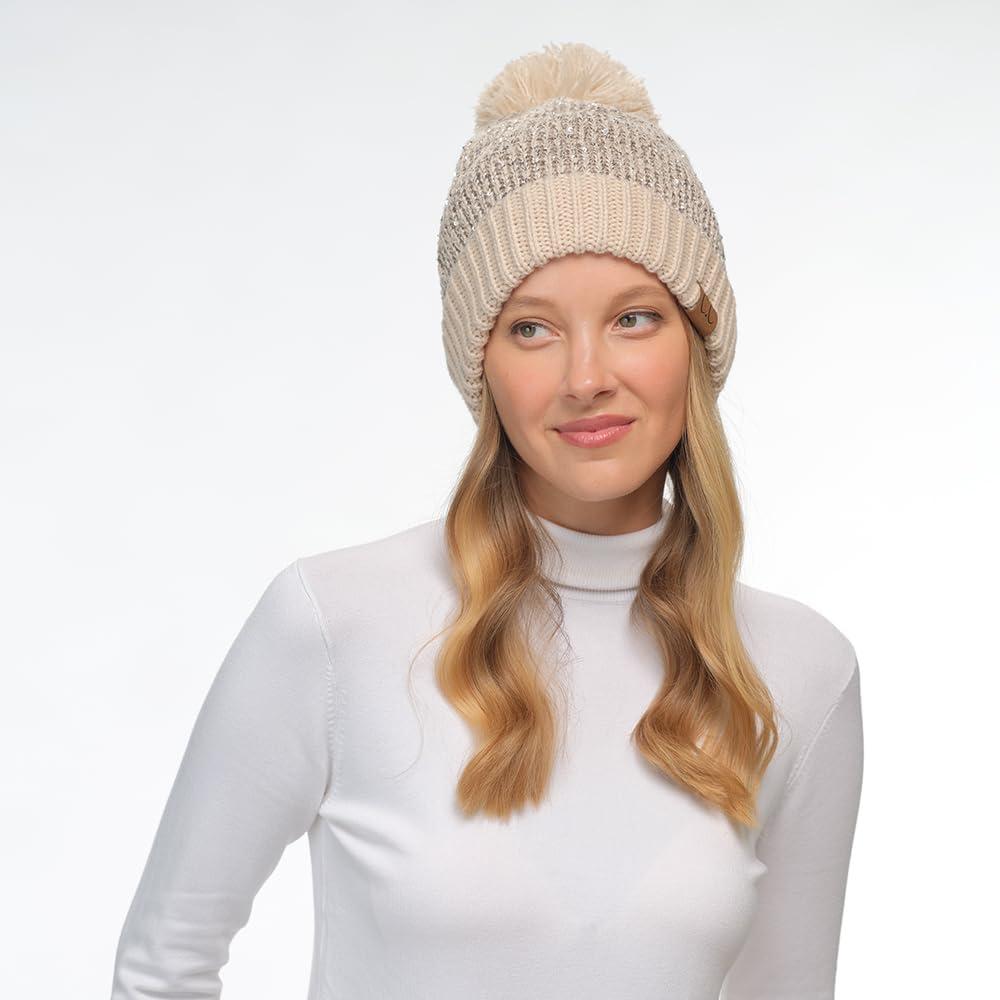 imageCC Sequin Pom Beanie for Women  Acrylic Stretchable Soft Warm Knit Winter Skully Hat with Yarn PomSequinbeige  Silver