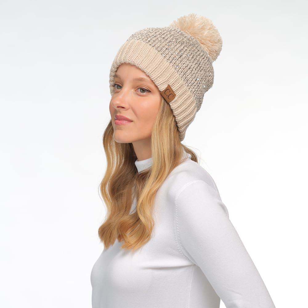 imageCC Sequin Pom Beanie for Women  Acrylic Stretchable Soft Warm Knit Winter Skully Hat with Yarn PomSequinbeige  Silver