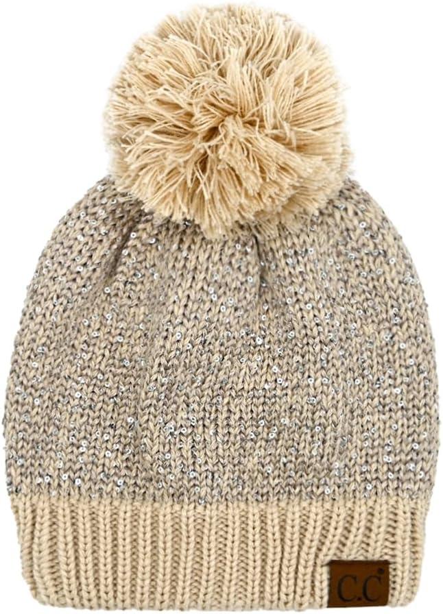 imageCC Sequin Pom Beanie for Women  Acrylic Stretchable Soft Warm Knit Winter Skully Hat with Yarn PomSequinbeige  Silver