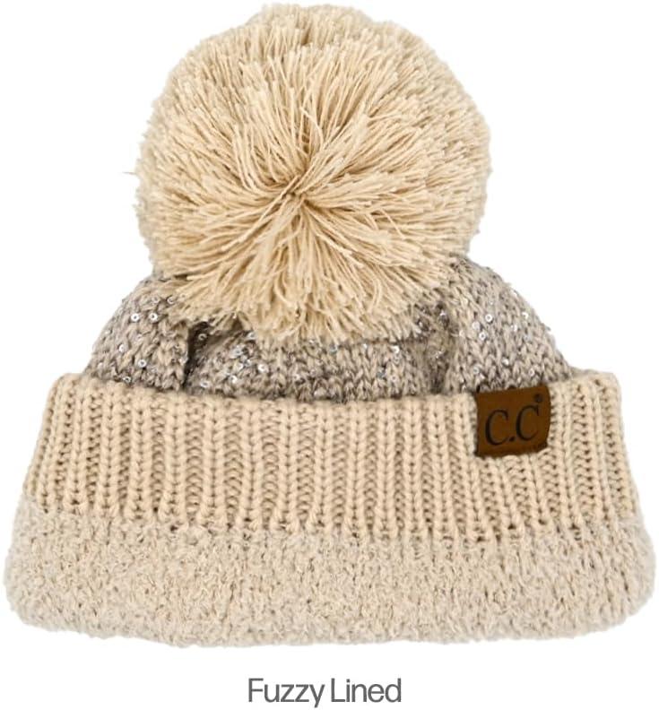 imageCC Sequin Pom Beanie for Women  Acrylic Stretchable Soft Warm Knit Winter Skully Hat with Yarn PomSequinbeige  Silver