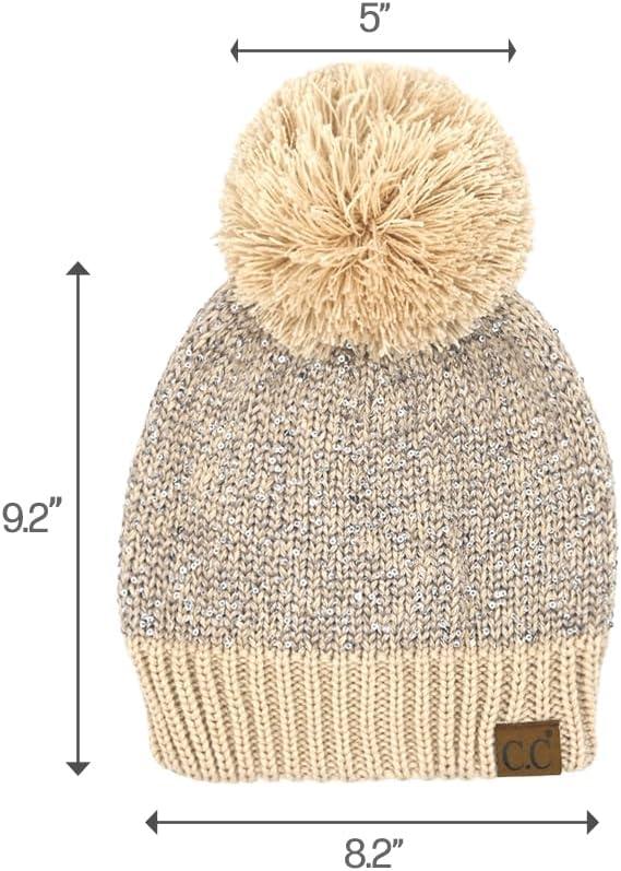 imageCC Sequin Pom Beanie for Women  Acrylic Stretchable Soft Warm Knit Winter Skully Hat with Yarn PomSequinbeige  Silver