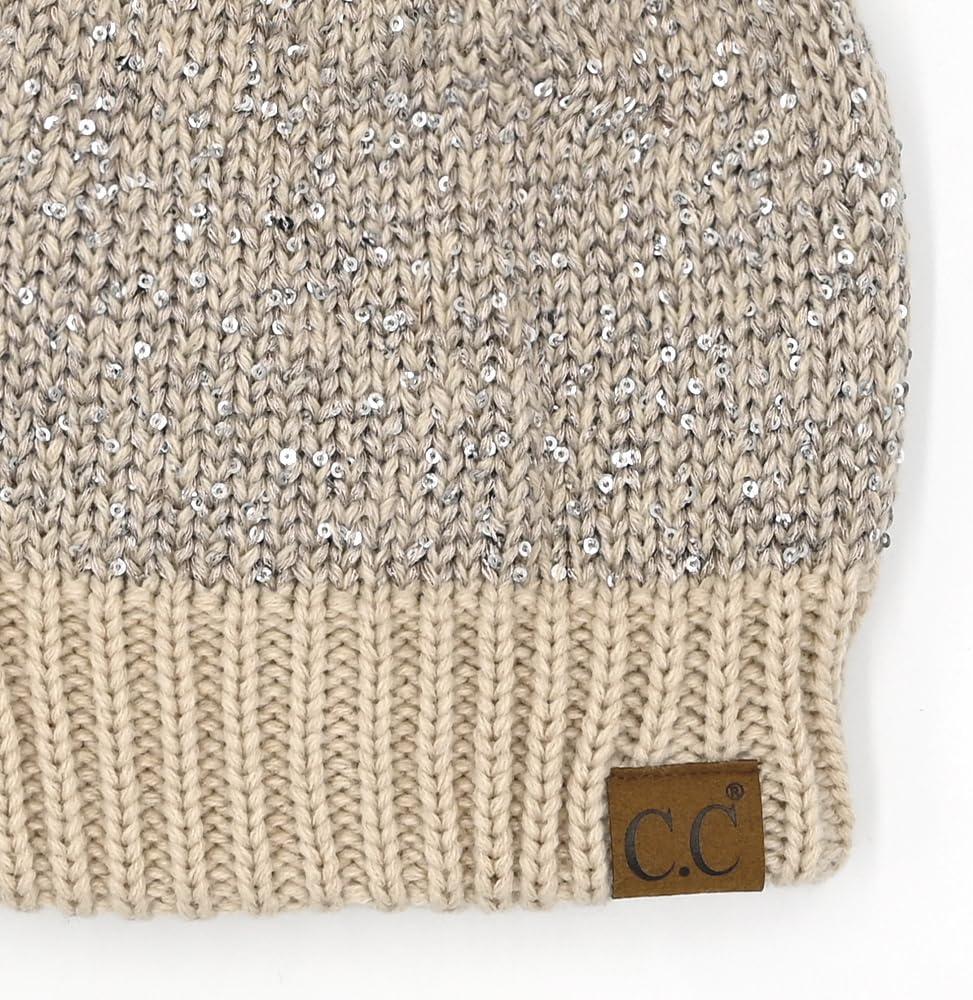 imageCC Sequin Pom Beanie for Women  Acrylic Stretchable Soft Warm Knit Winter Skully Hat with Yarn PomSequinbeige  Silver