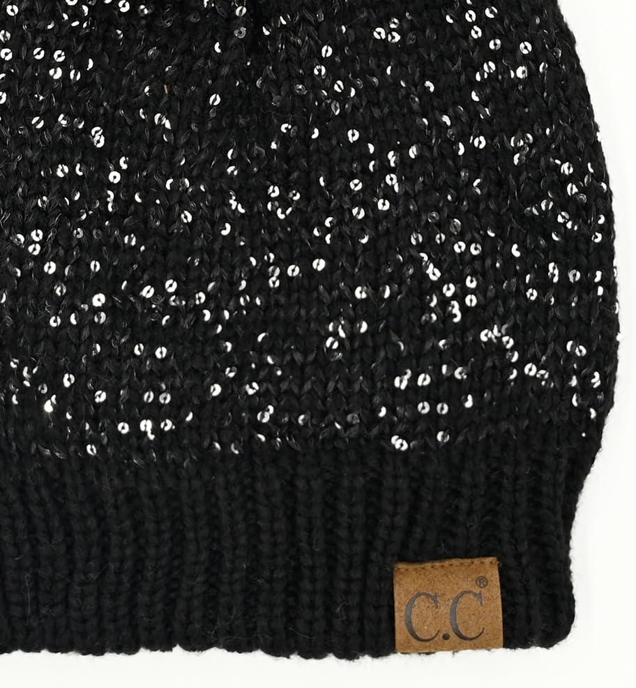 imageCC Sequin Pom Beanie for Women  Acrylic Stretchable Soft Warm Knit Winter Skully Hat with Yarn PomSequinblack  Black