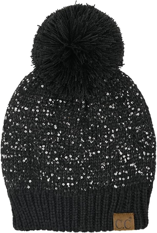 imageCC Sequin Pom Beanie for Women  Acrylic Stretchable Soft Warm Knit Winter Skully Hat with Yarn PomSequinblack  Black