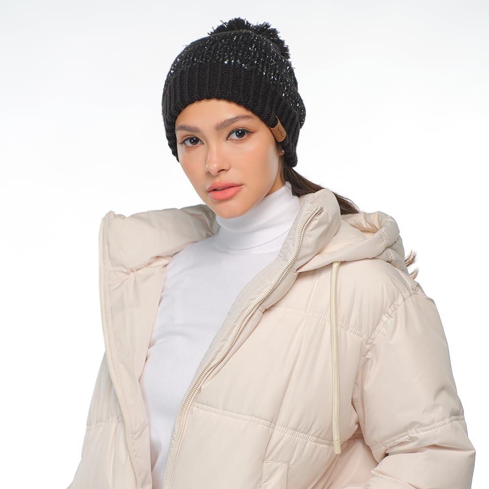 imageCC Sequin Pom Beanie for Women  Acrylic Stretchable Soft Warm Knit Winter Skully Hat with Yarn PomSequinblack  Black