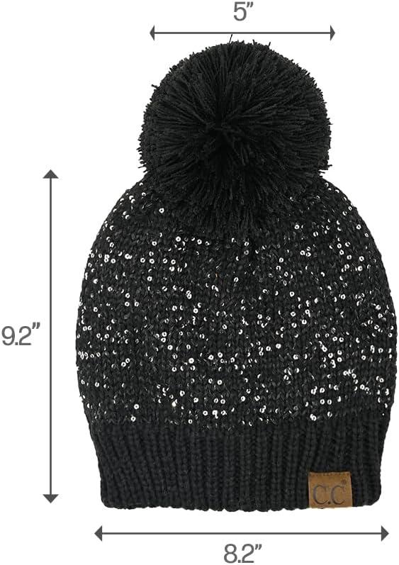 imageCC Sequin Pom Beanie for Women  Acrylic Stretchable Soft Warm Knit Winter Skully Hat with Yarn PomSequinblack  Black