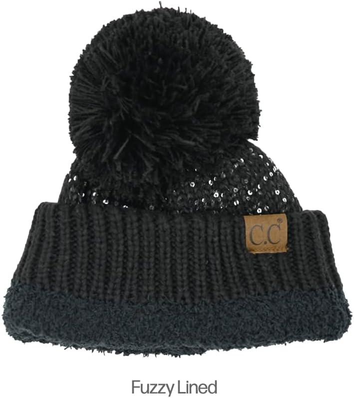 imageCC Sequin Pom Beanie for Women  Acrylic Stretchable Soft Warm Knit Winter Skully Hat with Yarn PomSequinblack  Black