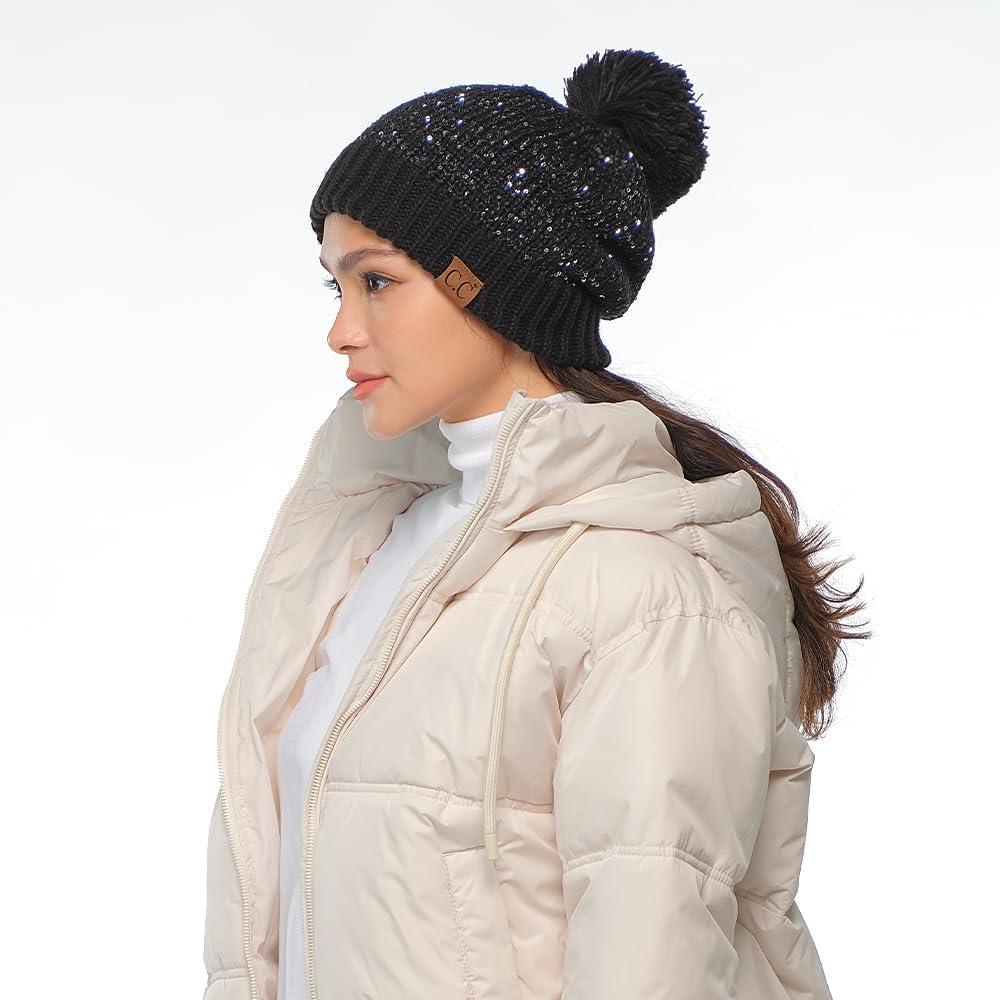 imageCC Sequin Pom Beanie for Women  Acrylic Stretchable Soft Warm Knit Winter Skully Hat with Yarn PomSequinblack  Black
