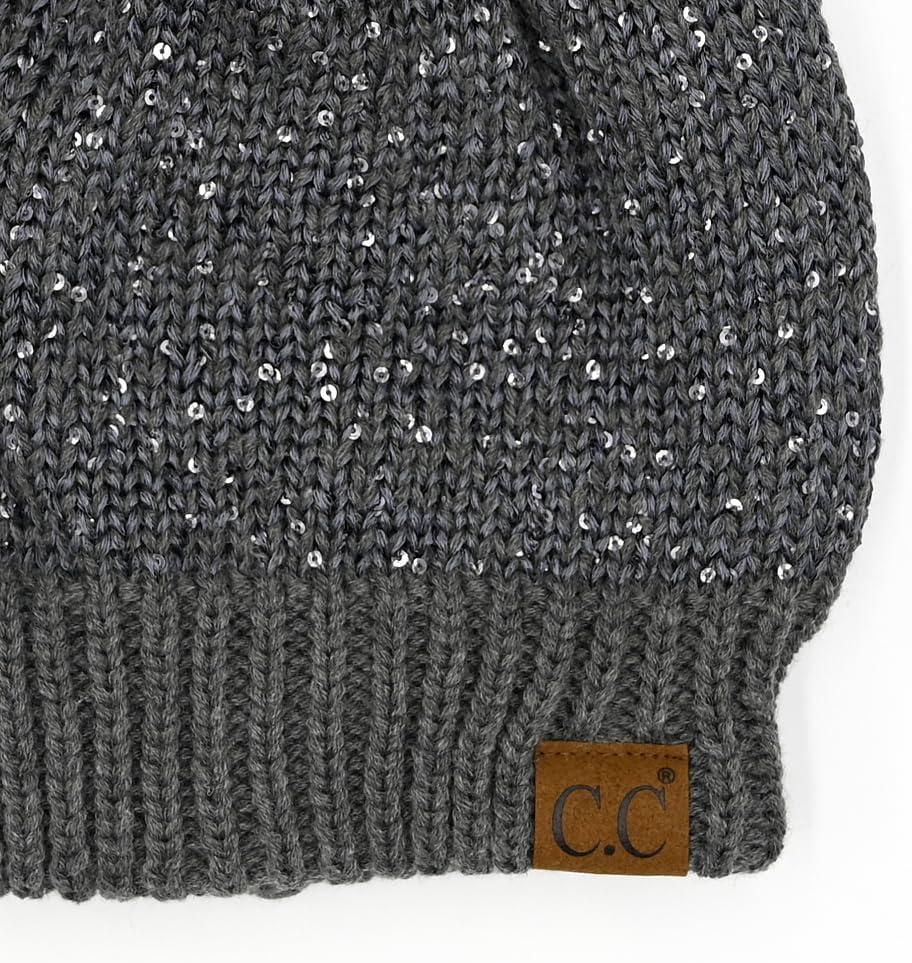 imageCC Sequin Pom Beanie for Women  Acrylic Stretchable Soft Warm Knit Winter Skully Hat with Yarn PomSequindk Mel Grey  Grey