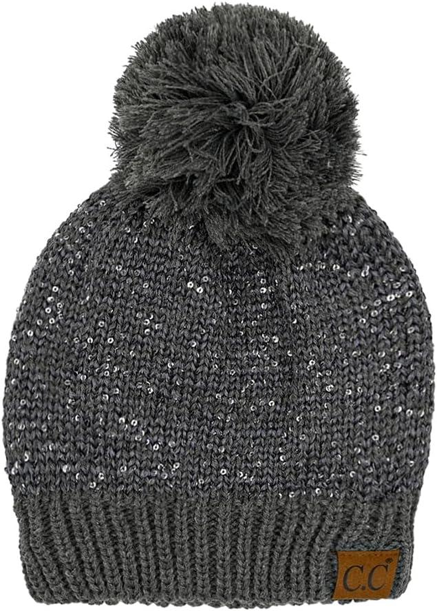 imageCC Sequin Pom Beanie for Women  Acrylic Stretchable Soft Warm Knit Winter Skully Hat with Yarn PomSequindk Mel Grey  Grey