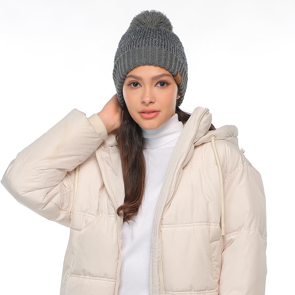 imageCC Sequin Pom Beanie for Women  Acrylic Stretchable Soft Warm Knit Winter Skully Hat with Yarn PomSequindk Mel Grey  Grey