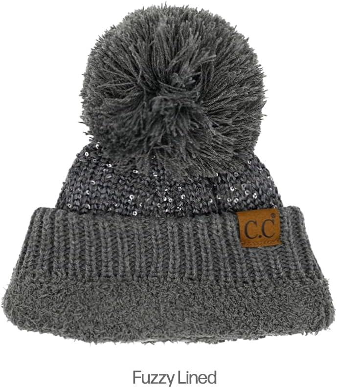 imageCC Sequin Pom Beanie for Women  Acrylic Stretchable Soft Warm Knit Winter Skully Hat with Yarn PomSequindk Mel Grey  Grey
