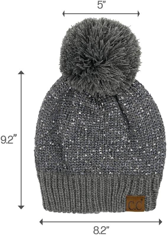 imageCC Sequin Pom Beanie for Women  Acrylic Stretchable Soft Warm Knit Winter Skully Hat with Yarn PomSequindk Mel Grey  Grey