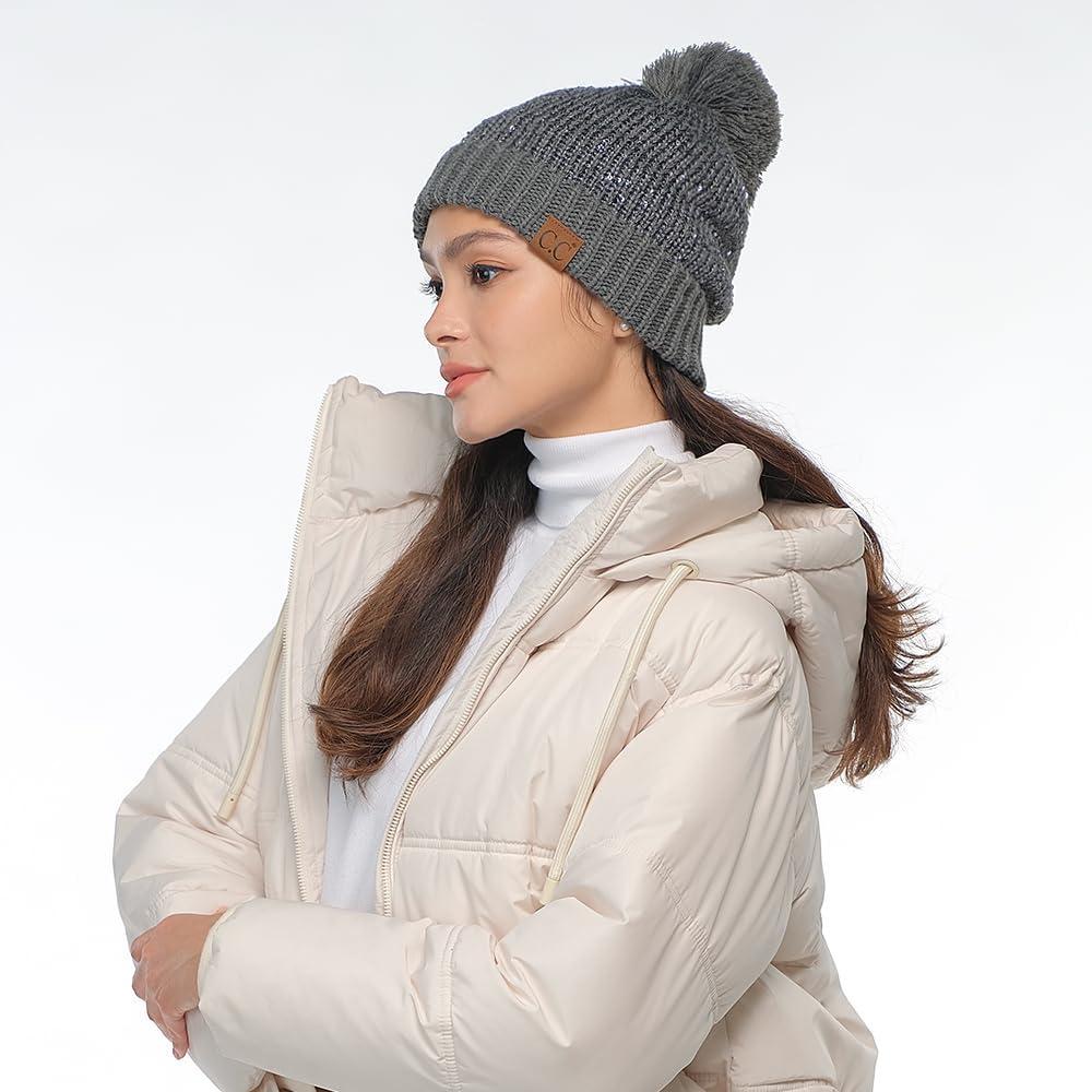 imageCC Sequin Pom Beanie for Women  Acrylic Stretchable Soft Warm Knit Winter Skully Hat with Yarn PomSequindk Mel Grey  Grey