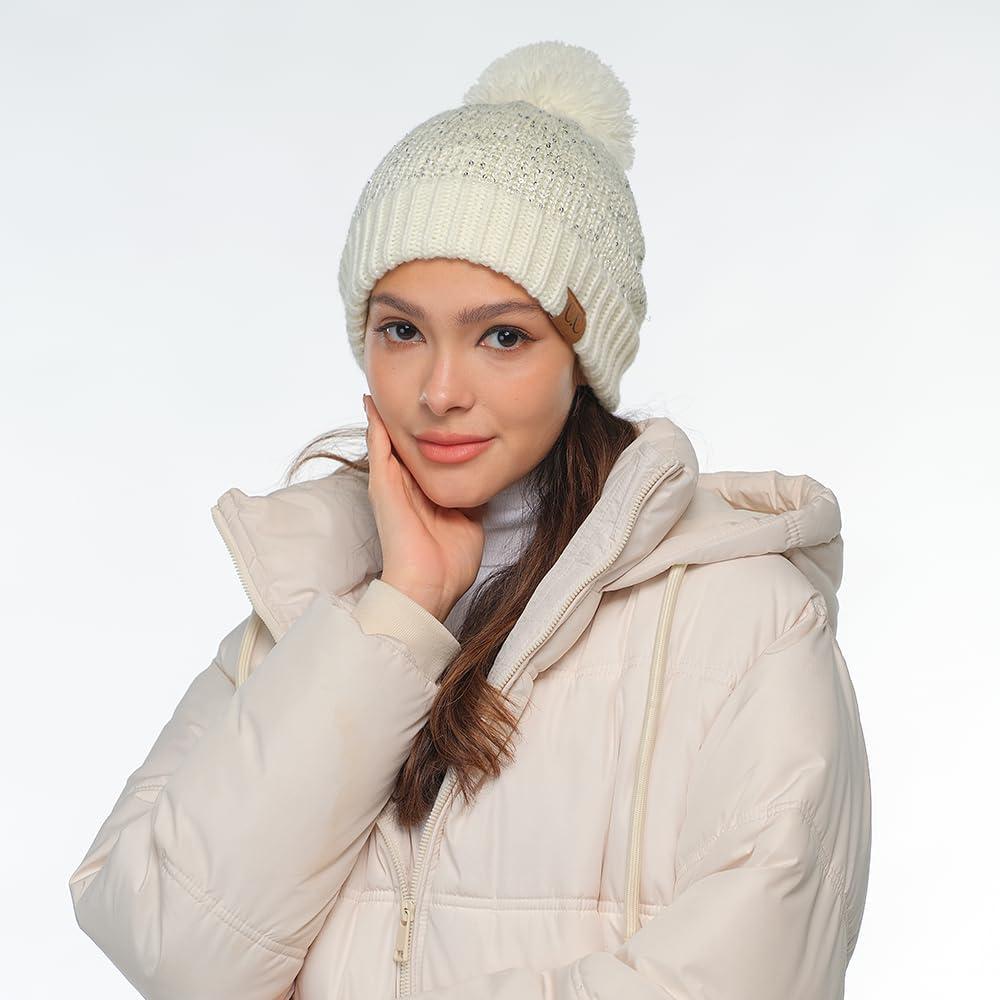 imageCC Sequin Pom Beanie for Women  Acrylic Stretchable Soft Warm Knit Winter Skully Hat with Yarn PomSequinivory  Silver