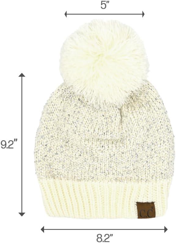 imageCC Sequin Pom Beanie for Women  Acrylic Stretchable Soft Warm Knit Winter Skully Hat with Yarn PomSequinivory  Silver