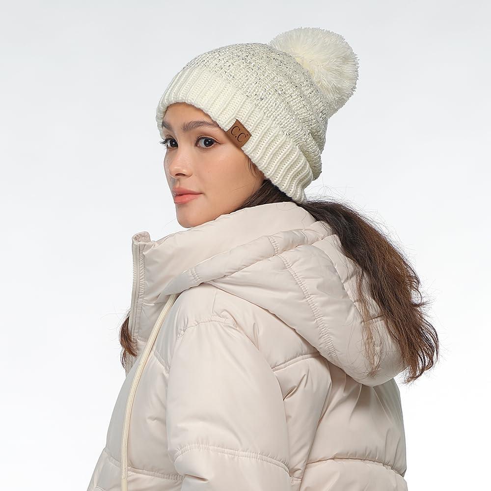 imageCC Sequin Pom Beanie for Women  Acrylic Stretchable Soft Warm Knit Winter Skully Hat with Yarn PomSequinivory  Silver