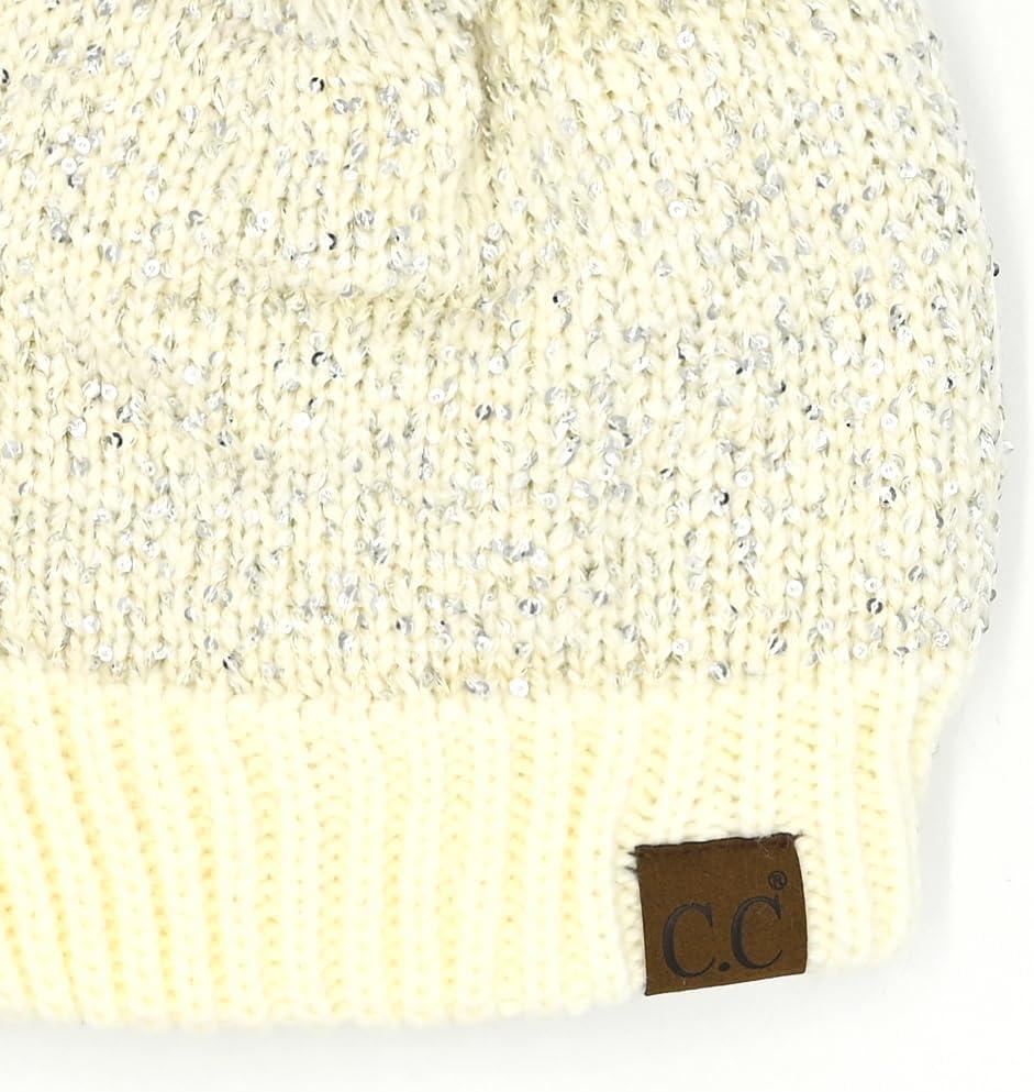 imageCC Sequin Pom Beanie for Women  Acrylic Stretchable Soft Warm Knit Winter Skully Hat with Yarn PomSequinivory  Silver