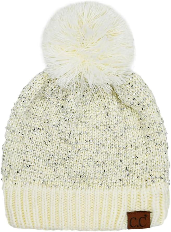 imageCC Sequin Pom Beanie for Women  Acrylic Stretchable Soft Warm Knit Winter Skully Hat with Yarn PomSequinivory  Silver